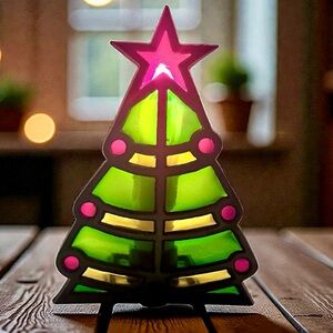 Vintage 6” Stained Glass Metal Christmas Tree Candle Holder Holiday Decor Nature